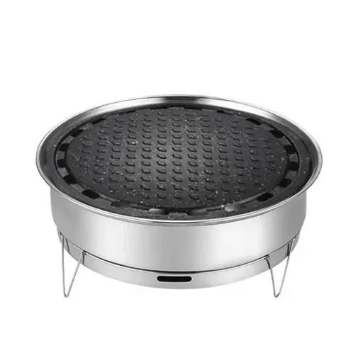 1 Piece Portable Korean BBQ Grill, Stainless Steel Round Grill with Maifan Stone Plate for Camping and Picnics