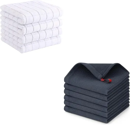 Homaxy Kitchen Towels and Dishcloths Set, 12 x 12 Inches and 13 x 28 inches, Set of 10 Bulk Cotton Kitchen Towels Set, Ultra Soft Absorbent Dish Towels for Washing Dishes, White & Dark Grey