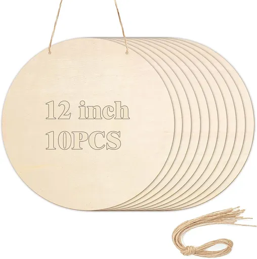10Pcs Thickened Wood Circles for Crafts with Holes,12" Unfinished Wood Rounds Discs with Twine,Wooden Round Circles for Door Hanger,Blank Wooden Signs for Painting,Wood Burning