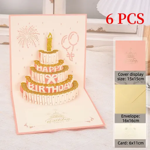 6-Pack - Gold Foil Cake 3D Pop-Up Birthday Cards, Creative Papercut Foldable Greeting Gift Cards - Pink