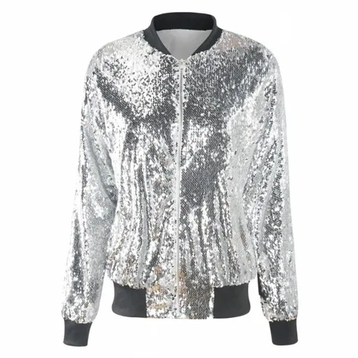Women Sequin Baseball Jacket HANCY Loose Polyester Bright Silver XL