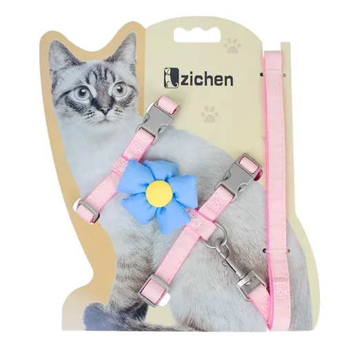 Cat Harness Polyester Bow Anti Escape Pet Leash Pink flowers M (Suggested 3.50 kg-6.00 kg