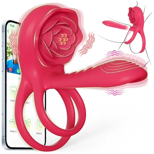 Vibrating Cock Ring Penis Sleeve with Rose Clitoral Stimulator, Penis Ring Vibrator Couples Adult Sex Toys for Men Women, Male Female Couple Sex Toy with G Spot Clitoris Vibrator