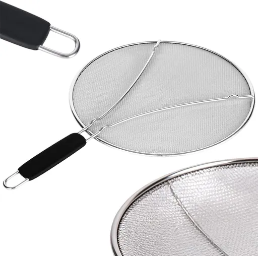 Stainless Steel Grease Splatter Guard, Large Fine Mesh Splatter Screen with Comfort Handle for Frying Pans & Cooking Pots, Fine Mesh Cover, Shield from Grease & Oil (Large)