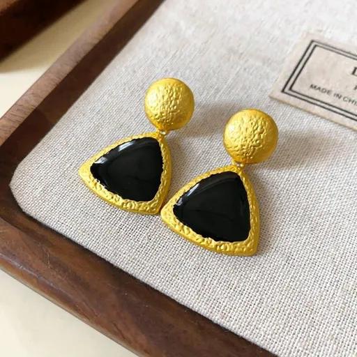 Gold Silver Needle Earrings with Black Stone | Christmas Minimal Retro Gift | Sleek Black Rhinestone Heart Earrings Vintage Luxury
