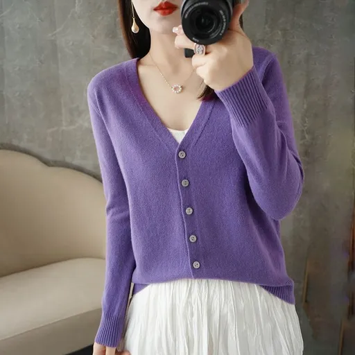 Women V Neck Knitted Cardigan Long Sleeve Sweater Purple Size: S; Height (cm): 155-160; Weight (kg): 45-50; Bust (cm): 82-86; Waist (cm): 66-70; Shoulder width (cm): 37; Length (cm): 58