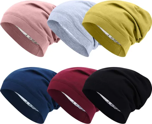 6 Pieces Satin Lined Sleep Cap Slouchy Skull Beanie Hat Night Hair Cap Headwear Head Wrap for Curly Hair Women Girl