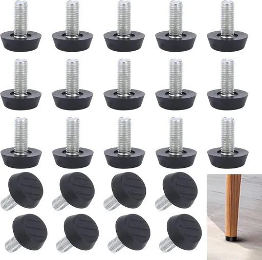 Adjustable Foot - 20 Pieces - Adjustable Feet with Felt Pads - Adjustable Foot M6 - 20mm Dia - Metal Adjustable Foot - 2.6 cm High - Furniture Coaster - Black / Silver - Plastic - Stainless Steel - Adjustable Feet - Felt Pads - Floor Protectors - Flo