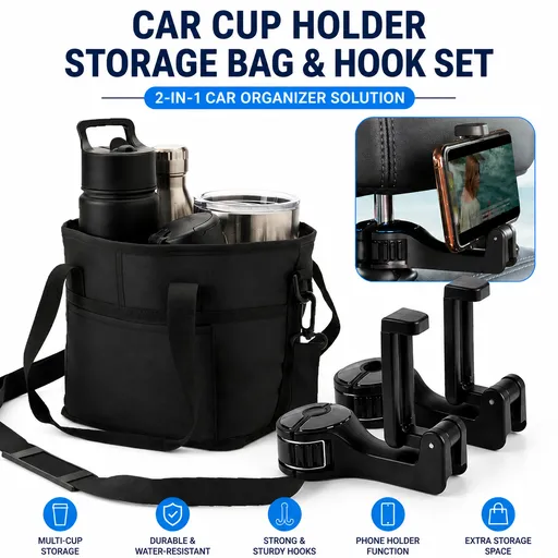 Black Foldable 4-Zone Car Insulated Drink Carrier Bag Bonus 2 Pack Mutifunctional Headrest Hook Phone Holders, No-Spill Car Cup Holder Organizer and Back Seat Mobile Phone Mount Travel Set for Most Water Bottles