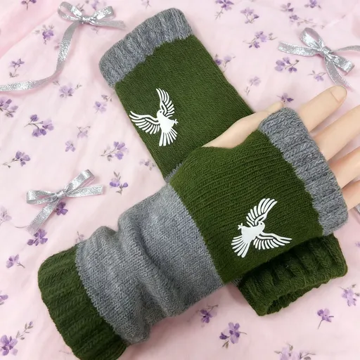 Spliced Warm Knit Fingerless Gloves Stylish Hand Protective Work‑Use Mittens 2 Pcs Eagle Green Pattern Popular Christmas Holiday Gift
