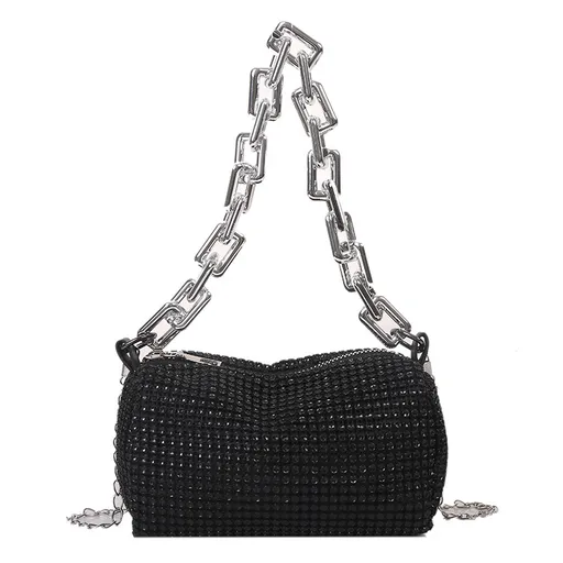 Black Mini Shoulder Bag for Women – Rhinestone-Embellished Pillow-Shaped Chain Bag with Fashionable Metal Hardware and Compact Design
