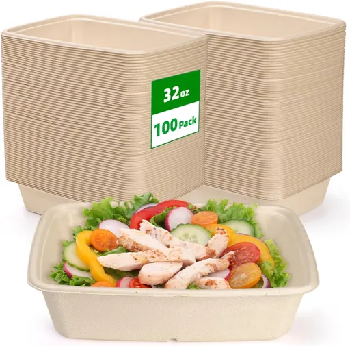 100 Pack 32 oz Rectangle Paper Bowls, 9" Disposable Large Salad Bowl, Microwavable Bagasse Lunch Plate for School, Heavy Duty Food Catering Container Burrito Baked Potato Taco Nacho Party