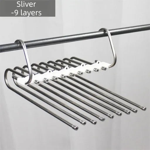 9-Layers Sliver Stainless Steel Pants Rack with Horizontal / Vertical Modes and Expandable Pull-Out Rods - High-Load Folding Magic Hanger