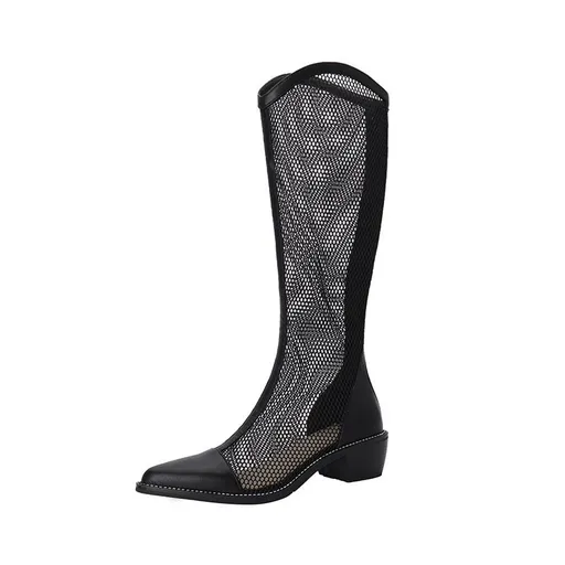 Women Mesh Long Boots Chunky Heel Hollow Black 38