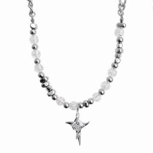Punk Star Barbed Pendant Necklaces, Party Jewelry-Crystal Beads Choker Necklace Translucent Ball Chain Beaded Necklace Cross Star