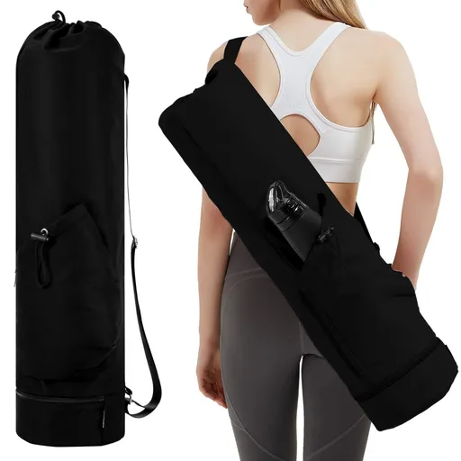 Versatile Yoga Mat Carrier Bag with Water Bottle Pocket and Wet Dry Compartment for Gym Studio and Outdoor Yoga Sessions (Black)