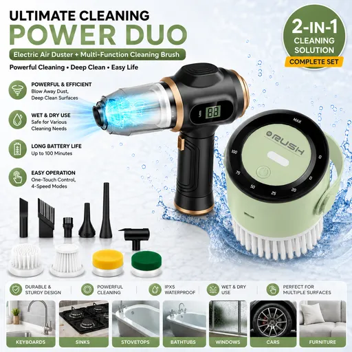 Black and Green Cordless 2-in-1 Cleaning Kit Vacuum cleaner(2 x 2000mAh) and Spin Scrubber Set（Includes three types of brush heads） for Home Car Kitchen Bathroom Cleaning