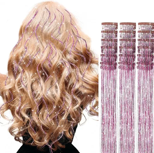 18 Piece Pink Hair Tinsel Extension Set, Heat Resistant, for Women and Girls