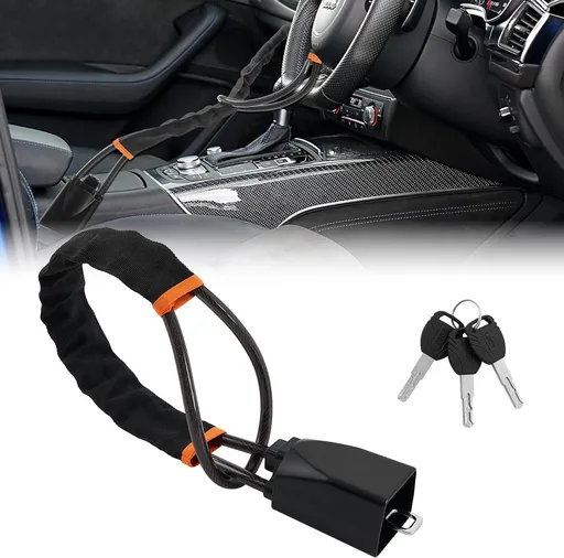 Black and Orange 28 Inch Car Steering Wheel Anti Theft Lock - Universal Steel Cable Anti Shear Seat Belt Lock with 3 Keys and Protective Sleeve, Waterproof and Rustproof
