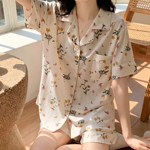 Yellow Floral Size M | Bubble Crinkle Yellow Floral Short Sleepwear | Halloween Warm Daily Gift | Cozy Casual Comfortable Women's Pajama Set