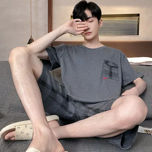 Shelofei Men Summer Cotton Pajama Set Short Sleeve DF93029 XXXL