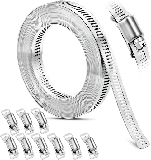 Hose Clamp, DIY 20 FT Metal Strapping with Holes + 9 Fasteners, Hose Clamps Stainless Steel, Large Adjustable Worm Gear Hose Clamps Pipe Clamps Band Clamp for Pipe Automotive Mechanical Applications