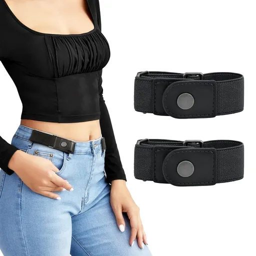 No Buckle Stretch Belt for Women/Men—2 Pack Elastic Invisible Belt for Jeans for side belts Install a side lazy waist belt（black）