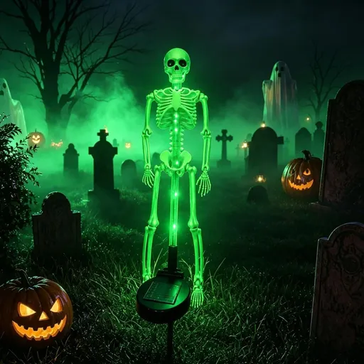 Solar Skeleton Lamp Yard Stake Halloween Decorations Garden Light, 28'' Glow Bones Figurine LED Lamp, 3D Creepy Waterproof Realistic Skull for Outdoor Grave Lawn Patio Party Fall Decor - Green - Size 2 Pack