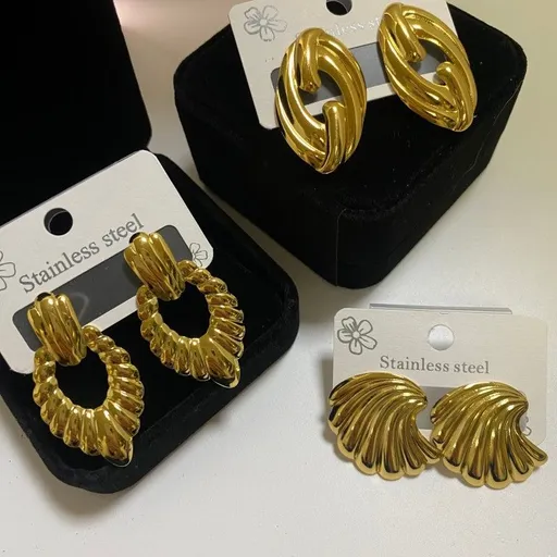 Combination C 18K Gold-Plated Stainless Steel Earring Set - 3 Pairs Minimalist Geometric Studs for Women with Gift Box Packaging