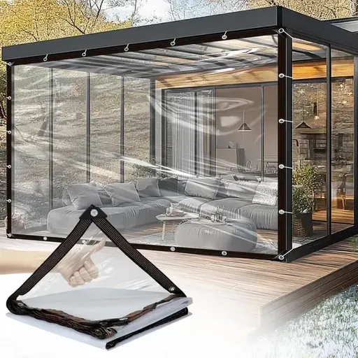Clear PVC Tarpaulin with Grommets, Waterproof UV-Resistant Protective Sheet for Patios, Greenhouses and Outdoor Use, 3 x 5 m