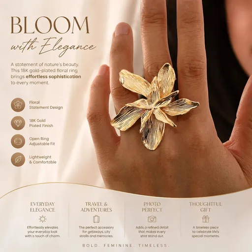 Minimalist Oversized Veined Lava Floral Single Open Ring, Retro Solid Matte Metal Flower Finger Ornament, Gold Floral