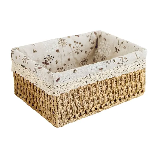 Wicker Baskets with Liner for Counter, Natural Paper Rope Rattan Storage Basket,Hand Woven Pantry Table Organizer Bins for Bedroom Living Room Bathroom School Shelves Office Desk
