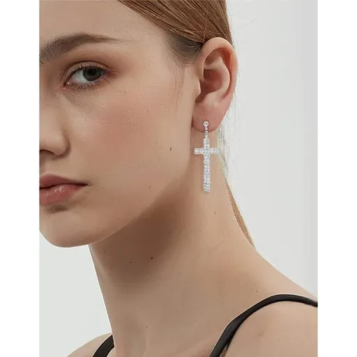 Rhinestone Cross Dangle Stud Earrings Lightweight Silver Plated Crystal Cubic Zirconia 0.67x1.89 Inches