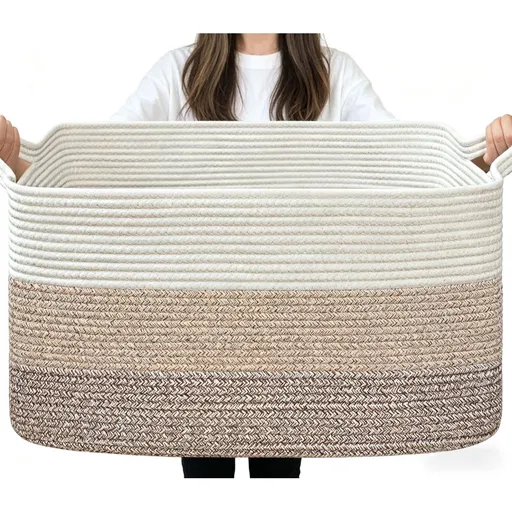 Large Woven Blanket Basket, Storage Baskets for Organizing,Rectangle Cotton Rope Toy Basket for Living Room, Bedroom, White & Grey