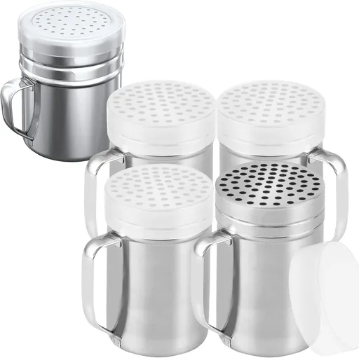 [4-pcs] 14 oz Metal Parmesan Cheese Shakers (Large Holes) + [1-pc] 10 oz Stainless Steel Salt Pepper Dredge Shaker - with Plastic Caps & Handles Bundle