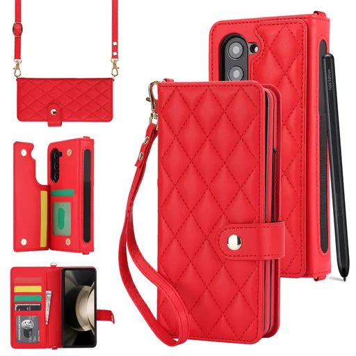 Galaxy Z Fold6 Multi-Functional Leather Wallet Case for Samsung Z Fold Series - Crossbody with Pen Slot, Quilted Design Pen Not Included