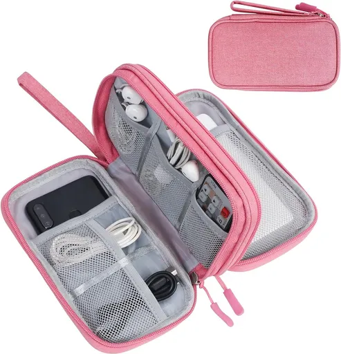 Cable Organizer Storage Bag 3 Layers - Cable Organizer Bag - Waterproof / Wear-Resistant - Cable Electronics Organizer - Cable Bag - Luxury Organizer For Cables And Accessories - Compact Cable Bag - Cable Organizer - Data Cable Organizer - Pink - Tra