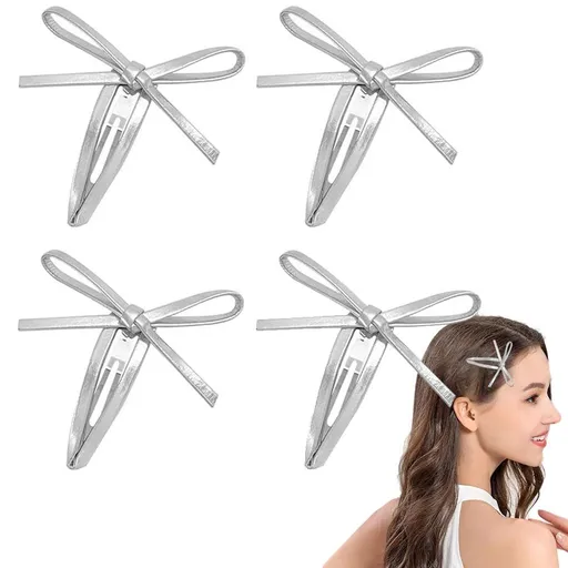4 PCS Silver Leather Bow Hair Clips Snap Hair Clips,Leather Hair Bows,Snap Hair Clips for Girls Bowknot Hairclips Kids Bangs Hair