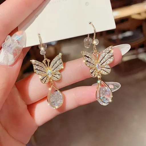 Fashion Gold Plated Crystal Butterfly Hook Earrings Drop Dangle Wedding Jewelry