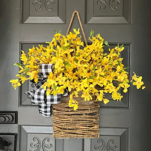 Spring front door flower wreath, yellow wildflower door hanging basket flower wreath, seasonal artificial welcome sign front door decoration, summer hanging decoration, family porch farmhouse decoration