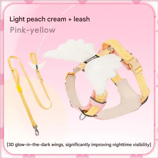 Adorable Angel Wings Dog Harness with Glowing 3D Luminous Design, Breathable No-Pull Walking Vest for Puppies and Small to Large Dogs, Soft Padded Outdoor Gear with Matching Leash Option Available (Yellow (Harness+Leash Set), XS)