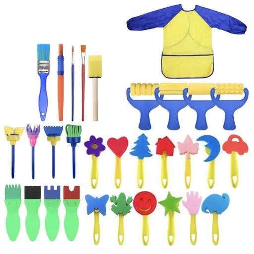 Paint Sponges for Kids,31 pcs of Fun Paint Brushes for Toddlers.Coming with Roller,Flower Pattern Brush, Brush Set, Long Sleeve Waterproof Apron with Roomy Pockets