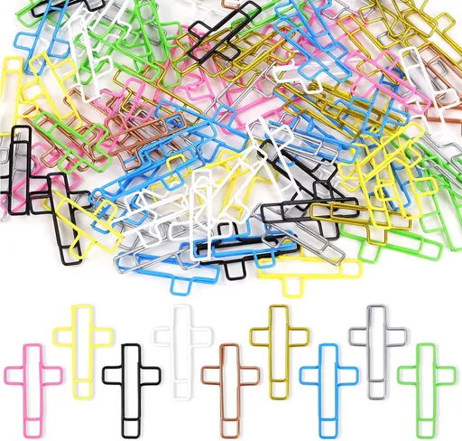 100 Pack Cross Paper Clips, 1.34 x 0.8 Inches, Multicolored, Stainless Steel Bible Study Supplies