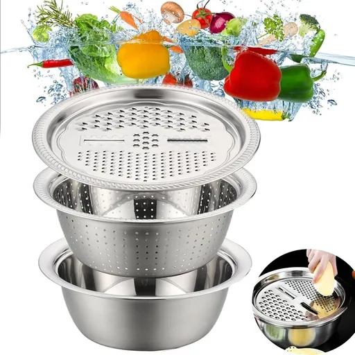 Fast Prep Slicer Bowl, 3-In-1 Stainless Steel Grater Bowls, 3 In 1 Multipurpose Drain Basket Grater Basin Bowl For Kitchen, Keeping Workspace Clean
