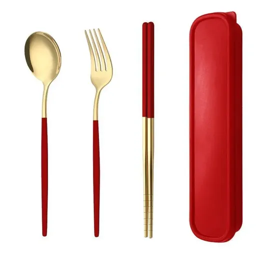 5PC Stainless Steel Portable Cutlery Set - Fork Spoon for Travel & Picnic - Red