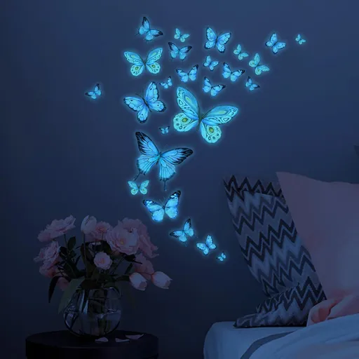 24pcs Floral Butterflies Wall Decals Blue Luminous Butterfly Glow in The Dark Wall Stickers DIY Decor for Kid Girl Bedroom