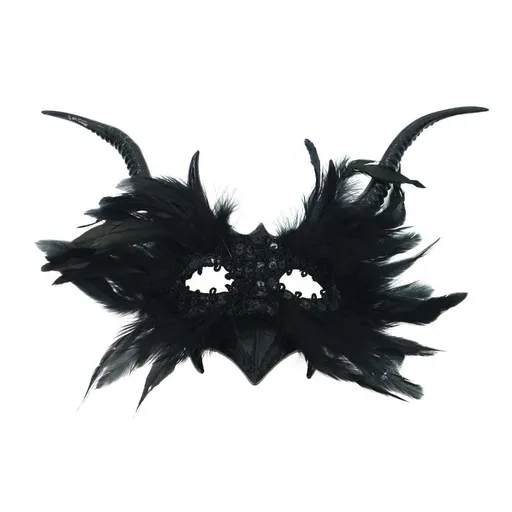 Halloween Demon Horn Mask Gothic Style 44x28cm Black with Feathers and Sequins