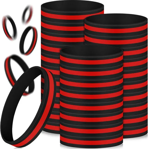 50 Pcs Red Thin Line Bracelets Rubber Firefighter Awareness Support Silicone Wristband for Men Women Holiday Patriotic Fundraisers Funeral Gifts Supply -
