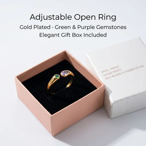 Adjustable Birthstone(February) Open Ring Set 18K Gold Plated Stainless Steel Minimalist Dainty Stackable Gemstone Rings Personalized Jewelry Gift Box Included Everyday Wear Gift