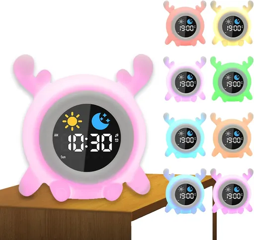 Alarm Clock, 8 Colors Adjustable Alarm Clock for Bedroom with 6 White Noises and 6 Ringtones, Cute Rechargeable Cartoon Sunrise Alarm Clock with LED Display for All Ages (A)
